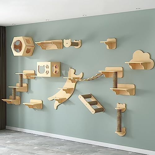 An der Wand Montiertes Katzen Kletterwand Set, Katzenwandparkour, Katze Wandelement, Vierstufige Katzentreppe Mit Sisal, Kratz-Und Kletterbaum, Schlafen, Spielen, Faulenzen (Size : Style9)