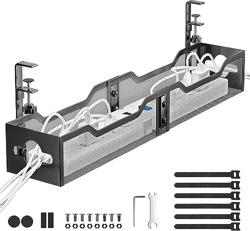 Litwaro - Bandeja de gestión de cables debajo del escritorio, sin taladro, bandeja de cables de metal de 25 pulgadas con abrazadera para gestión de cables de escritorio, organizador de cables de