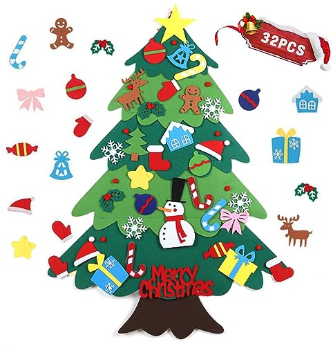 Lvjkes Árbol de Navidad de Fieltro, 95cm DIY Set Con 32 Adornos, Decoración Con Velcro, Regalos para Niños