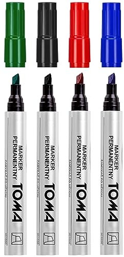 TOMA Permanent Marker Pens, Set of 4 Colours (Red, Blue, Green, Black), Fine Chisel Tip, Waterproof Markers