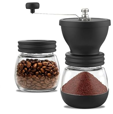 HOQUSA Macinacaffè manuale, macinacaffè manuale, macinacaffè manuale con 2 barattoli di vetro, per casa, ufficio, campeggio, viaggi