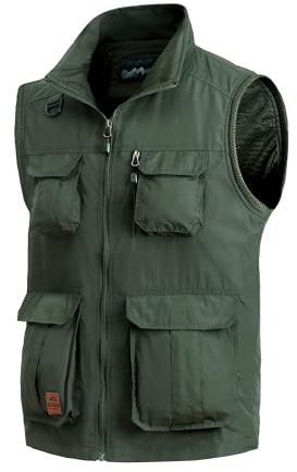 MeiLayM Hommes Gilet de Plein Air Multi-Poches Gilet da Été Pêche Gilet pour Léger Respirant Veste Séchage Rapide Gilet Sans Manches Veste de Sport Chasse Camping Gilet de Photographie Vert,S