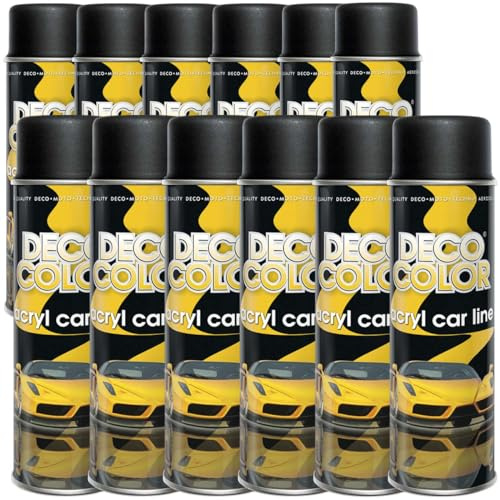 Deco Color 12er Sparpack ACRYL CAR LINE SCHWARZ MATT RAL 9005 in 500ml - Lackspray für z.B. KFZ, Auto, Motorrad, Alufelgen, Stahlfelgen (12 Dosen 500ml Schwarz MATT)