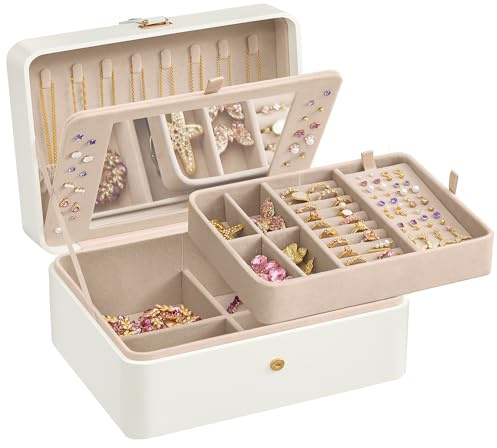 SONGMICS Jewelry Box Organizer with Mirror, 2-Layer Jewelry Holder Case, Removable Tray, 6.9 x 8.7 x 4.3 Inches, Earring Necklace Storage, Gift Idea, Cloud White UJBC200W01