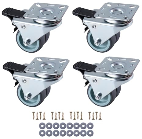 CNCYEAH Lot de 4 roulettes doubles pivotantes de 50 mm - Roulettes de transport pour charges lourdes avec frein - Roulettes de transport avec vis - Jusqu'à 400 kg - Rotation à 360° - Pas de bruit pour