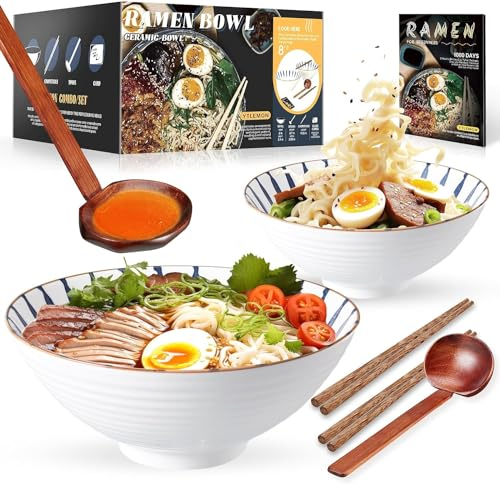 8 Pulgadas Grandes Juego De 2 Tazones De Cerámica Para Ramen De(9 Piezas) - Para Lavavajillas Tazones De Porcelana Para Ensaladas Fideos Cereales Con Recetas Palillos Tenedores Y Cucharas Para Apto