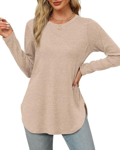 Aokosor Långärmade damtoppar lätta tröjor avslappnade sweatshirts sidodelar tunika, Khaki, M