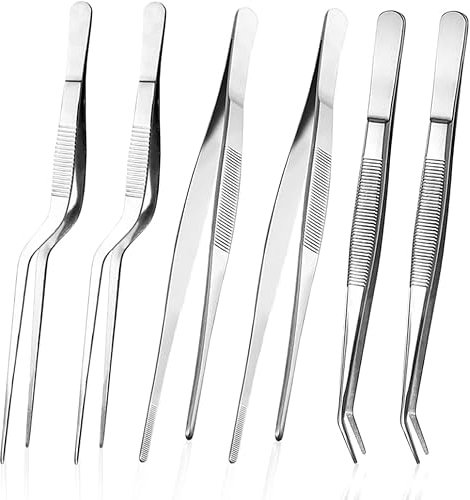 Confezione da 6 pinzette da cucina, pinzette in acciaio inossidabile, pinzette da cucina, pinzette da griglia, per cucinare, decorare alimenti, cuocere al forno, 16 cm