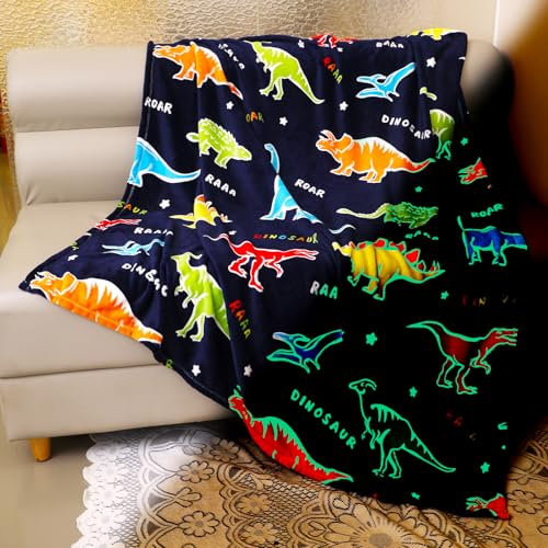Yeqivo Couverture phosphorescente dinosaure flanelle, bleu, 127 x 152,4 cm