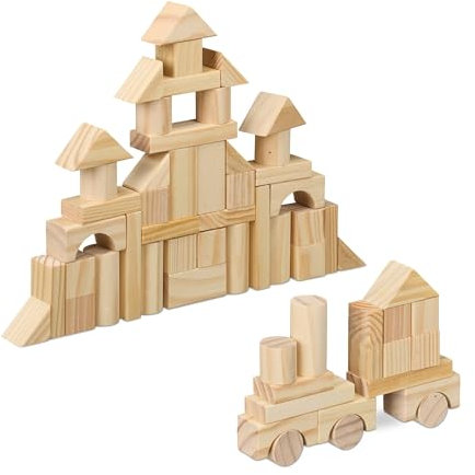 Relaxdays Holzbausteine, 100 Stück, Verschiedene Formen, Bauklötze Kinder, Bausteine stapeln & Bauen, Buchenholz, Natur