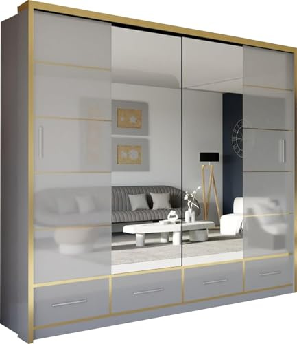 SLIDING WARDROBE 4U Manali Modern High Gloss Sliding Mirror Door Wardrobe with Drawers and Golden Strip (Grey Gold, 203cm)