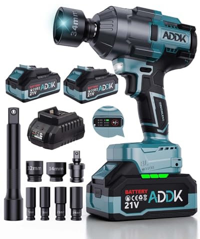 ADWOLT Clé à Chocs Sans Fil 1600Nm, Perceuse à Chocs 1/2 avec 2 x 4,0 Ah Batterie, 6 Vitesses 2600 tr/min, Moteur Sans Balai, LED, Kit avec 6 Embouts, pour camion voiture changement