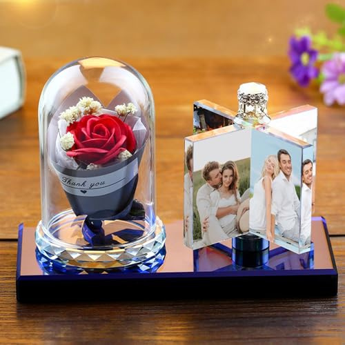 Personalized Rotating Windmill Crystal Photo Frame, Custom Crystal Photo Night Light, Customized 4Photo Gift for Valentine's Day, Anniversary, Birthday (Flower)