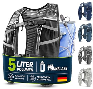 SASMO Gilet da corsa da donna e da uomo, 5 l + bolla da 2 l, ultraleggero 270 g e traspirante, zaino da corsa da donna, 8 tasche, gilet da corsa da uomo, gilet da corsa, zaino da bere