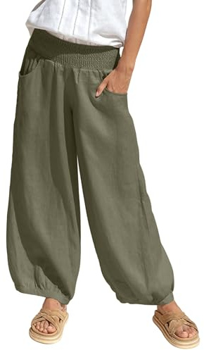 bolukets Leinenhose Sommerhose Damen Leichte Stoffhose Freizeithose Strandhose Einfarbig Bequeme Harem Musselin Hose mit Weites Bein Green XL