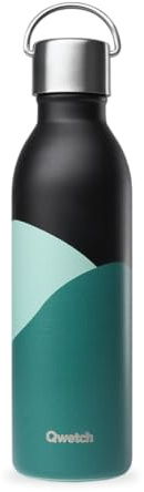 Qwetch - Bouteille Isotherme Active Horizon Noir 600ml - Gourde avec Anse Inox Recyclé - 24h Froid et 12h Chaud - Etanche & Compacte