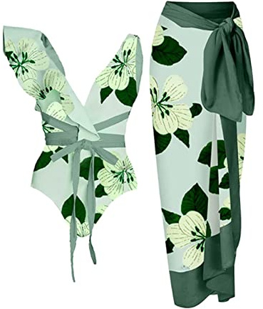 PAIDAXING Costume da bagno da donna in 2 pezzi con pareo abbinato, estivo, vintage, stampa floreale, monokini con gonna lunga avvolgente Boho Holiday Beachwear, 40-verde, XL