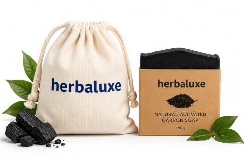 Herbaluxe Natural Handmade Charcoal Soap with Tea Tree Oil & Cocoa Butter – Organic Moisturising Bar for Deep Cleansing, Hydration & Clear, Healthy Skin