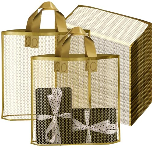LVNRIDS 50 Stück Merchandise Einkaufstaschen Geschenktüte Gold, 40 x 35 x 10 cm Wiederverwendbare Warentaschen mit Griff Boutique Tasche für kleine Unternehmen Hochzeit Partytüten