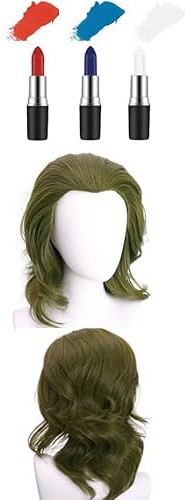 Halloween Kostüm Set für Männer,Neon Grüne Clown-Perücke, Schaurige Gesichtstattoos + 3 Makeup-Sticks für Facepainting & Lippen - Party Accessoires (Der tragische Clown)