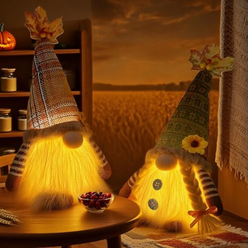 Jiahuade Herbstdeko Wichtel mit Licht,2 Stück Herbst Wichtel Plüsch,Herbst Dekoration Wichtel,Wichtel Figuren Halloween Deko,Herbstdeko Zum Aufhängen Plüsch,Figure Herbsternte Beleuchtete Wichtel