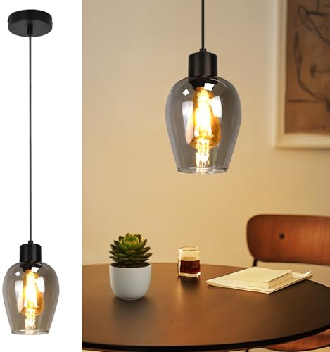 Lichtmaler Hängande Lampa Svart E27 - Pendellampa för Matbord Enkelarmad Kökslampa Rökglas Retro till Kök Sovrum Vardagsrum (Utan ljuskälla)