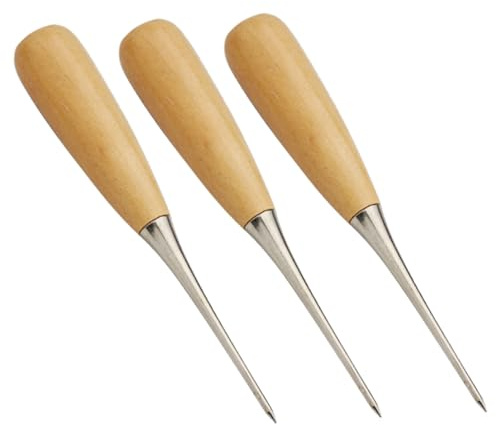 Veemoon Punteruoli per Cucire in Pelle Manico in Legno, Set da 3 Pezzi, Strumenti Artigianali Portatili per Cucito e Lavori Fai-da-Te, Adatti a Principianti per Patch e Decorazioni