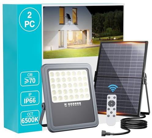 HOOLED Lampada solare per esterni a LED, 6500 K, IP65, impermeabile, proiettore LED per esterni, illuminazione solare 3 modalità, per giardino, garage, cortile, bianco freddo (2 pezzo)