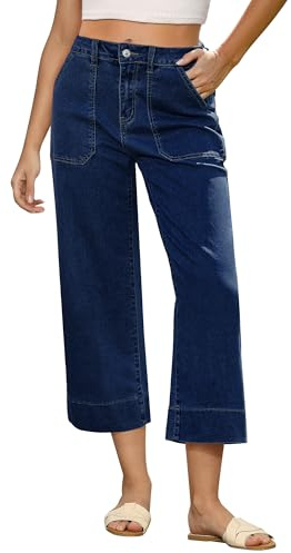 Roskiky Capri Jeans for Women UK High Waisted Wide Leg Strechy Loose Straight Cropped Denim Jeans Pants with Pockets
