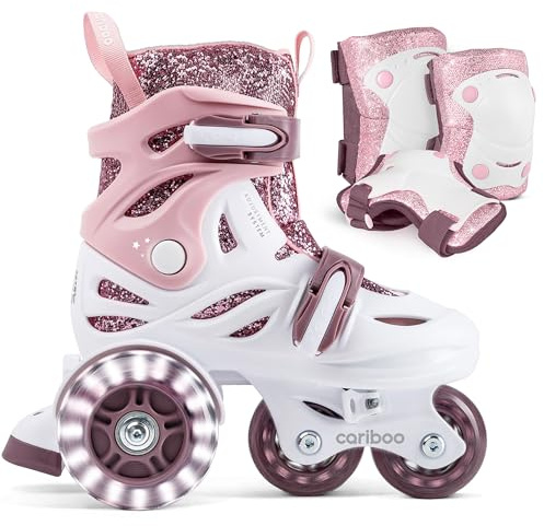 Cariboo Pattini per Bambini - Regolabili - Per Principianti - Set con Protezioni per Ginocchia, Gomiti e Polsi - Ballerina Rosa-Viola S