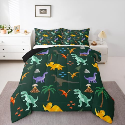Loussiesd Dinosaurie täcke set dubbel storlek, 3D digitalt tryck bäddset djungel dinosaurie mikrofiber tropisk pamelträd sovrumsdekor grön blå gul 3 st med 2 örngott