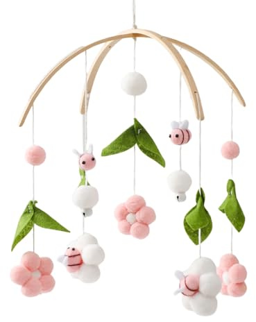 let's make Babymobil för babysäng – rosa bin trä vindspel – skötbord och babyrumsdekoration, present till nyfödda flickor (rosa bin)