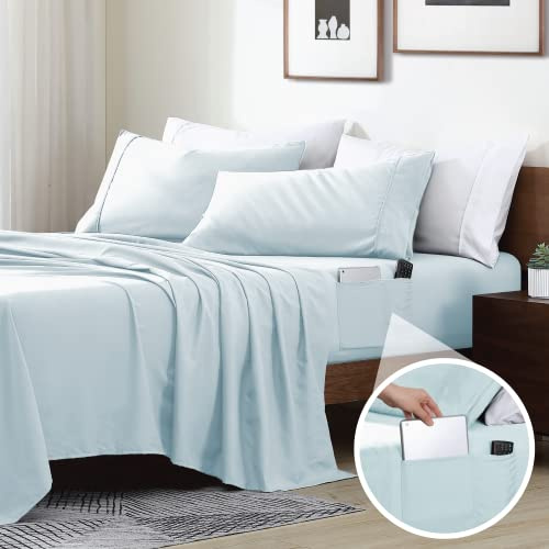 Swift Home Smart Sheets, Ultra Soft Brushed Microfiber 4-Piece Sheet Set, Fitted Bed Sheet with Side Storage Pockets – Aqua, Full