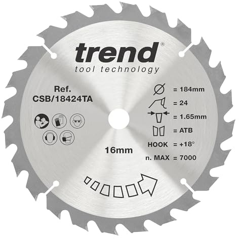 Trend Wood Cordless Circular Saw Blade, 184mm Diameter, 16mm Bore, 24 Teeth, 1.65mm Kerf, +18° Hook, TCT, Medium Finish, CSB/18424TA