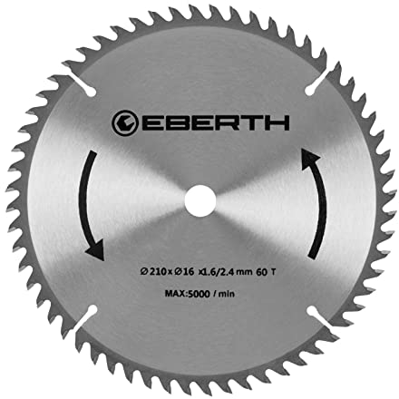 EBERTH Kreissägeblatt Sägeblatt Kreissäge Blatt aus Stahl mit Hartmetall-Zähnen für Holz-Schnitte (210mm Durchmesser, 16mm Bohrung, 1.6mm Blättstärke, 2.4mm Schnittbreite, 60 Zähne, RPM Max. 5000)