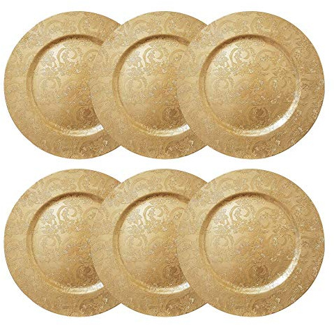 YöL 6 Embossed Decorative Gold Round Charger Plates Christmas Xmas Dining Table 33cm