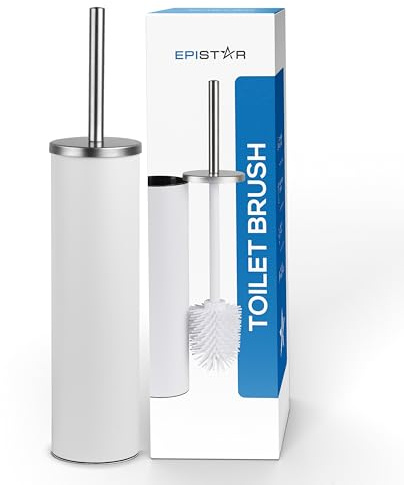 EPISTAR Silicone Toilet Brush & Holder Set - Stainless Steel - Replacement Heads Available - 45cm Tall - Toilet Brush Silicone with Long Handle (White)