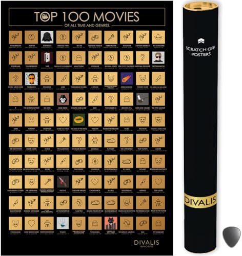 Divalis Rubbel Poster der Top 100 Filme - Bucket List Plakat Filme, die Man Gesehen Haben Muss - Rubbelposter der Filmliste - Top 100 Filmposter Rubbel - Top 100 Movies Scratch off Poster