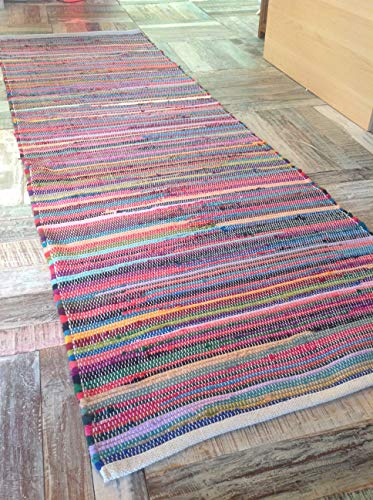Second Nature Online Langläufer, Regenbogen, umweltfreundlich, Chindi-Flickenteppich, handgewebt im Flachgewebe, mit mehrfarbigen Streifen aus recyceltem Stoff, 60 cm x 240 cm