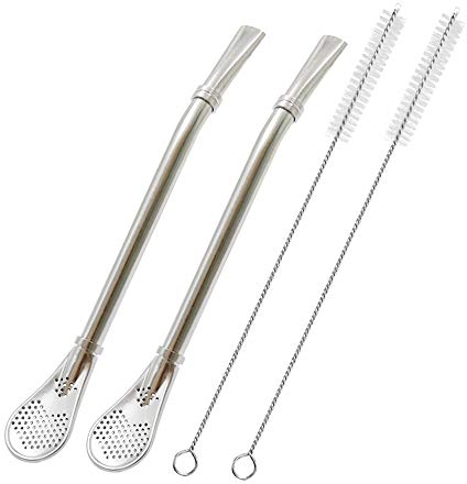 Lot de 2 pailles en acier inoxydable avec cuillère à filtre, pour thé glacé, cocktail, avec 2 brosses de nettoyage (argent)