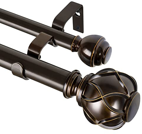 KAMANINA 1 Inch Double Curtain Rods for Windows 36 to 72 Inches (3-6 Feet), Bronze Heavy Duty Double Curtain Rod, Telescoping Drapery Rod with Netted Texture Finials, Fewer Rods, Easier Install
