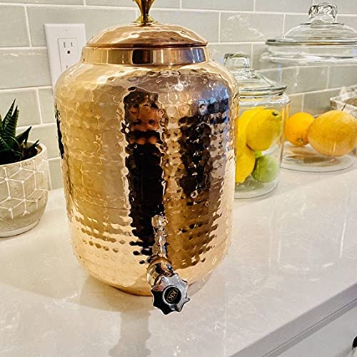 Indian Hammered 100% Pure Copper Dispenser Handmade Ayurveda Water Pot Copper Water Storage Tank 4 LTR Dispenser