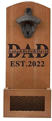 Personalised Wooden Bottle Opener with Cap Collector Catcher, Custom Vintage Wood Wall Mounted Beer Bottle Opener with Photo or Text for Him Dad Husband Boyfriend