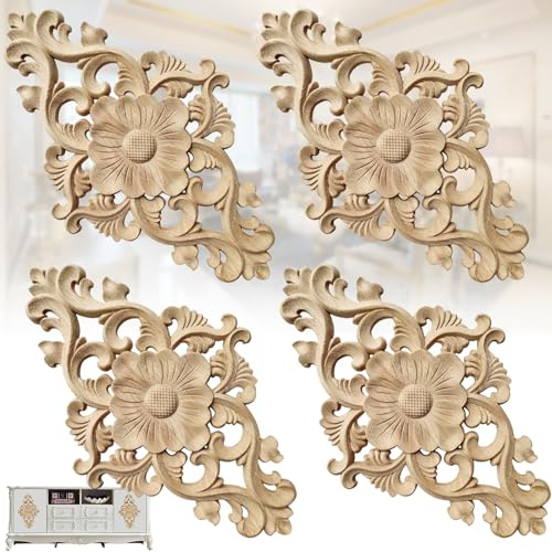 Mikqky 4 Stück S-chnitzerei -Ornament Applique | Holz Geschnitzte Ecke Onlay A-pplique, Appliques Schnitzerei Ornament, H-olz Schnitzerei Ornament
