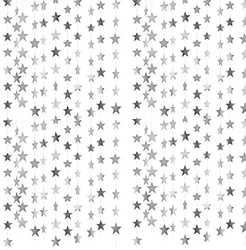 52 Feet Reflective Star Paper Garland, Glitter Star Garland Banner Silver Hanging Decoration Party Garlands Streamer kit For Birthday Wedding Holiday Anniversary Party Supplies Banner Backdrop