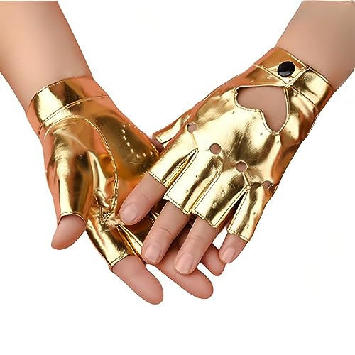 SamHeng Guantes de cuero PU sin dedo para mujeres Guantes de medio dedo Guantes de cuero corto para Cosplay Dance Fancy Dress Accesorios(Dorado)