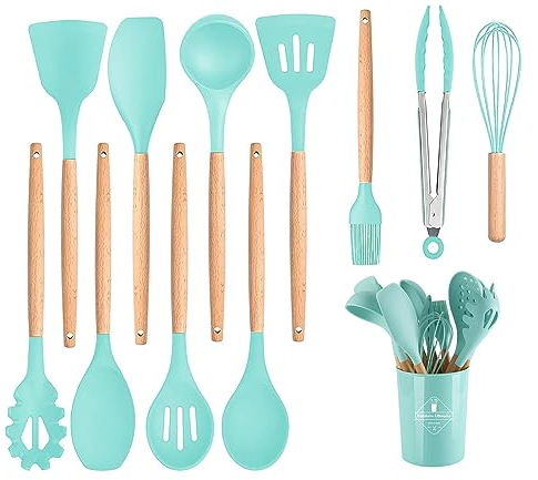 Utensilios de Cocina de Silicona Utensilios Cocina de Silicona Antiadherente Juego de Utensilios Resistentes al Calor con Mango de Madera Accesorios Cocina (Verde)