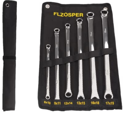 FLZOSPER 6-Piece 12 Point Offset Double Box End Wrench Polished Finish，8-19mm Metric Combination Wrench Chrome Vanadium Steel Spanner Set with Portable Pouch