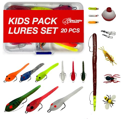 DeLong Lures 20-Piece Fishing Lures Kids Pack - Easy to Use Pre Rigged Lure Kit for Bluegill, Bass, Crappie - Soft Plastic Baits - Perfect Tackle Box Kit for Young Anglers and Kids - Made in USA