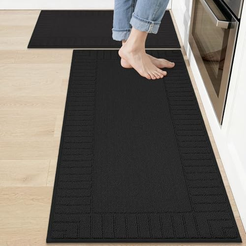 BEQHAUSE Lot de 2 Tapis de Cuisine lavables antidérapants avec Dos antidérapant en TPR (Noir, 50cm*76cm+50cm*120cm)